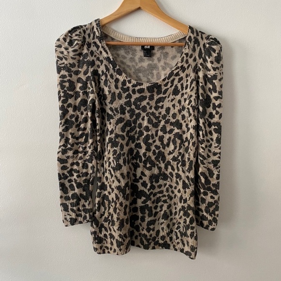 H&M Angora Blend Leopard Puffy Sleeves Top - Picture 1 of 5